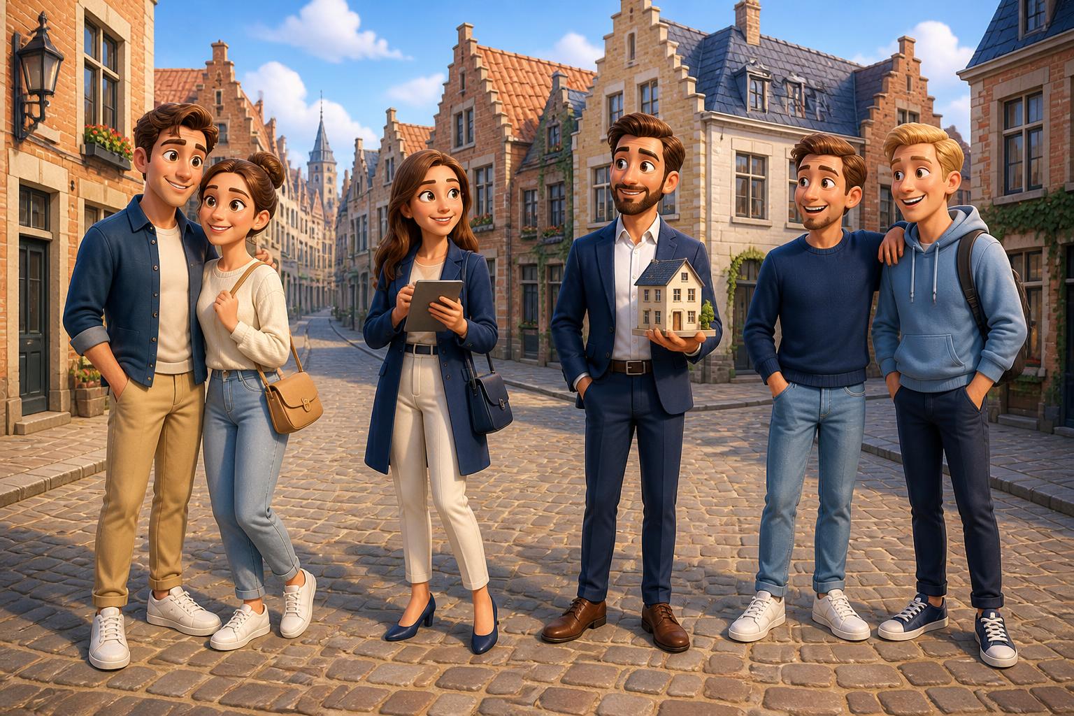 Différents profils de jeunes acquéreurs devant des maisons belges