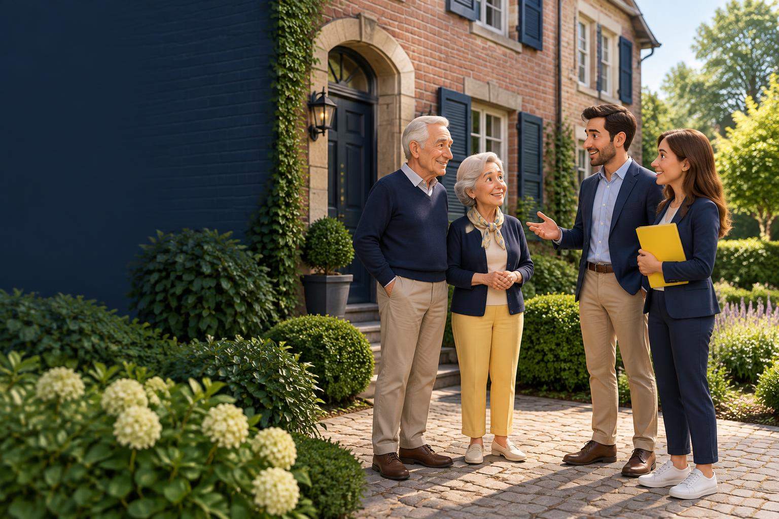 Un couple de vendeurs seniors et de futurs acquéreurs devant une maison belge